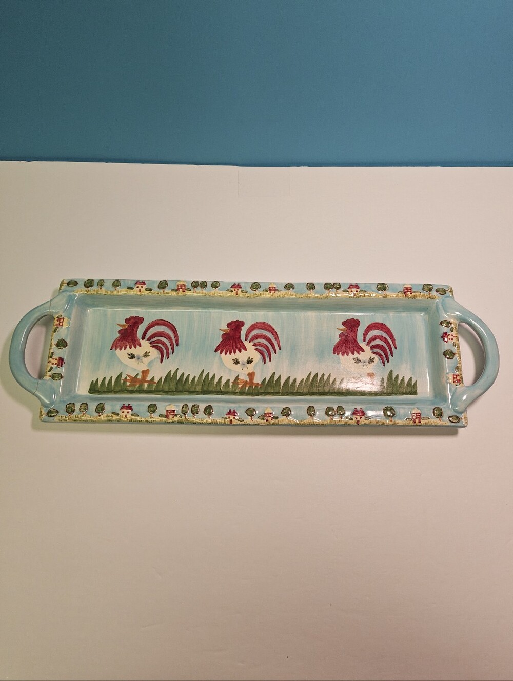 Russ Berrie Serving Platter/Tray - Happy Little Roosters, Country